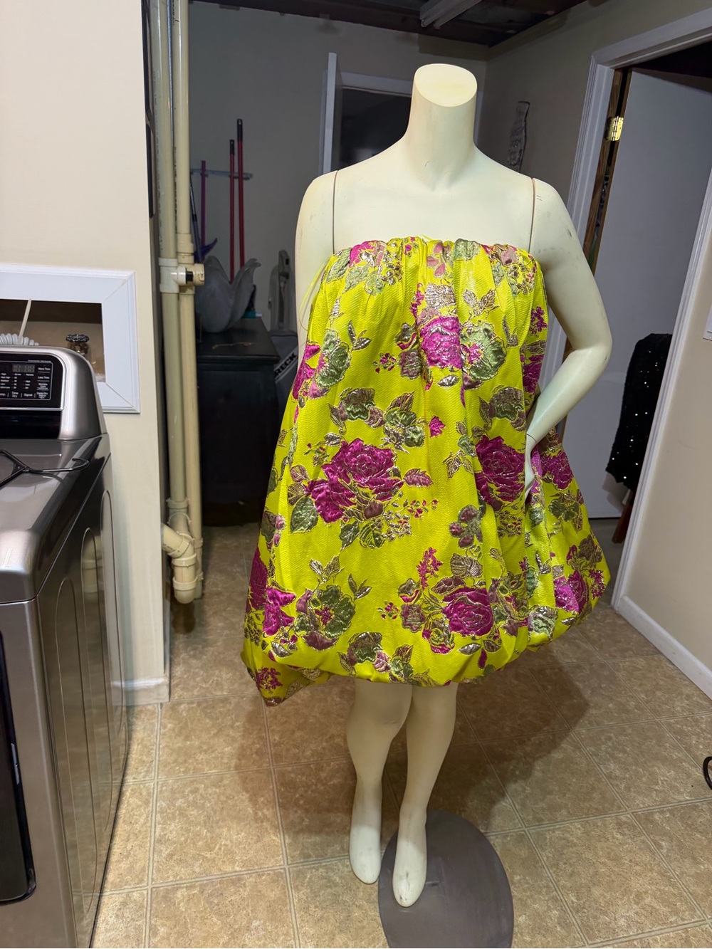 AKIRA Lime Green Strapless Brocade Dress with Magenta Floral Print